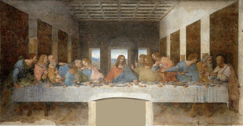 „Ostatnia Wieczerza” Leonarda da Vinci – fresk przedstawiający Jezusa i dwunastu apostołów siedzących przy długim stole. Jezus znajduje się w centrum kompozycji, a uczniowie reagują żywiołowo na Jego słowa, gestykulując i pochylając się ku sobie. Na stole widoczne są naczynia, chleb i kielichy. W tle otwarte okna ukazują krajobraz.