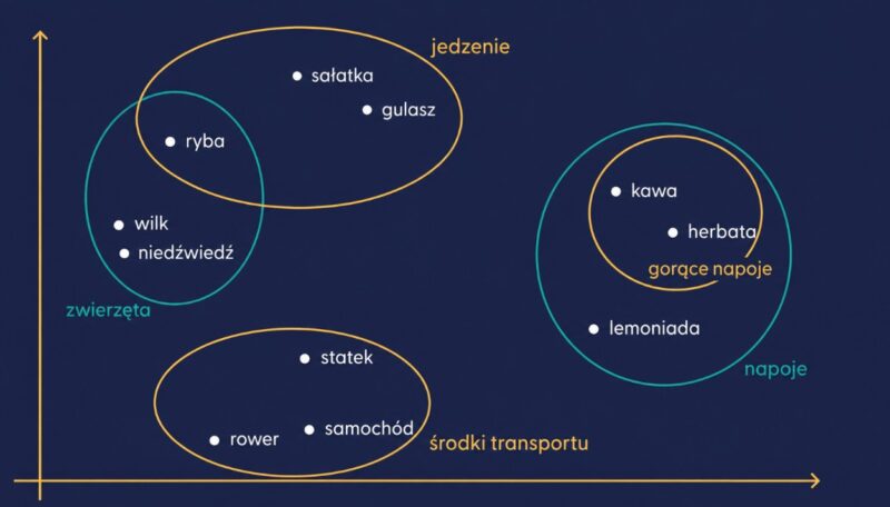 Schemat grupowania słów w przestrzeni znaczeń. Owalami zaznaczono kategorie semantyczne, takie jak zwierzęta, jedzenie, napoje i środki transportu; słowo „ryba” należy jednocześnie do kategorii zwierząt i jedzenia.